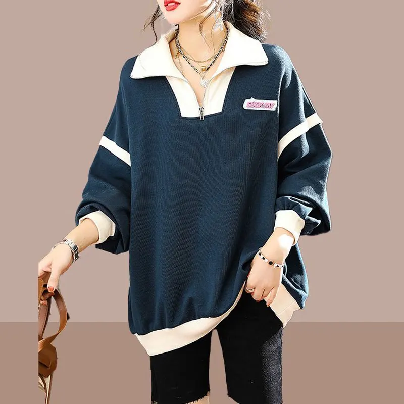 

Female Casual All-match Solid Color Spliced Sweatshirts Fashion Zipper Spring Autumn Standard Polo-Neck Long Sleeve Pullovers