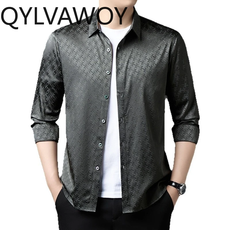 QYLVAWOY 90.8% Natural Mulberry Silk Men's Shirts High-end Shirts for Man Long Sleeves Tops Printed Shirts Autumn Ropa Hombre