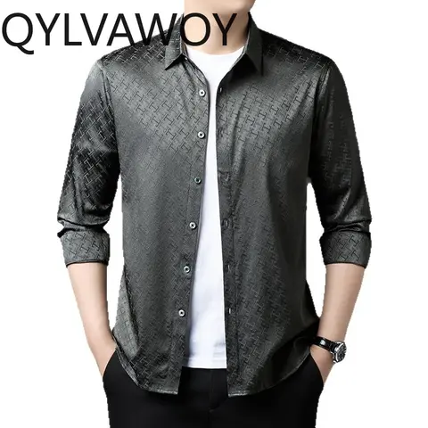 QYLVAWOY 90.8% Natural Mulberry Silk Men's Shirts High-end Shirts for Man Long Sleeves Tops Printed Shirts Autumn Ropa Hombre