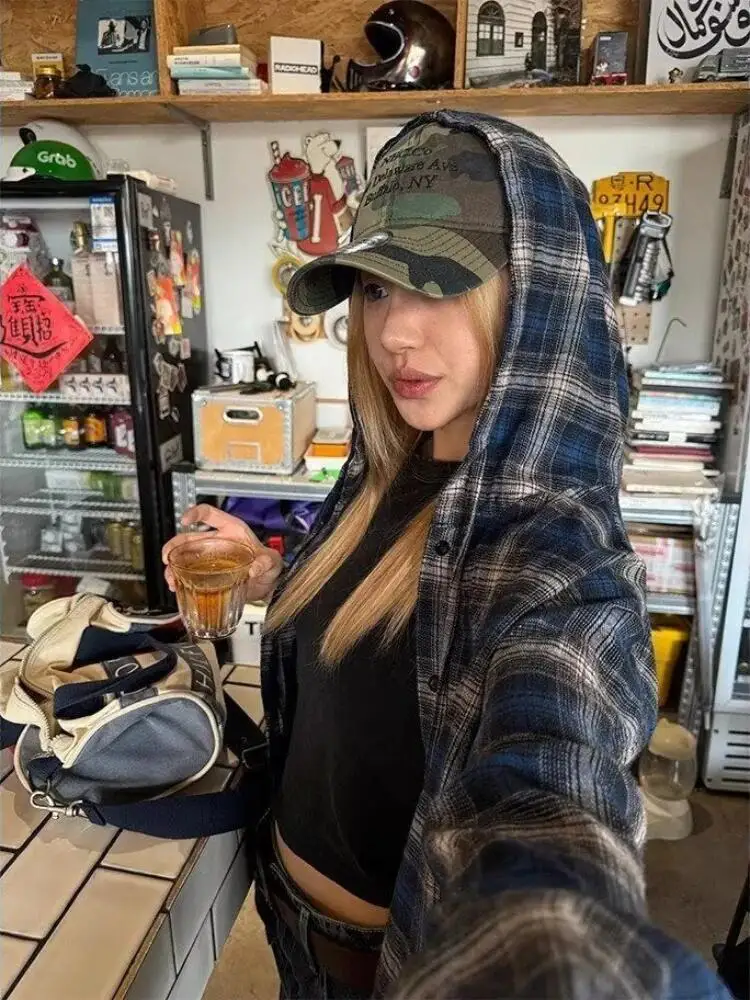 Y2K Vintage Plaid Shirts Women Harajuku American Style Long Sleeve Drawstring Hooded Loose Casual Streetwear Spring Blouses
