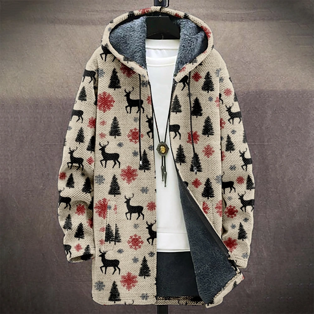 

Мужские рождественские пальто с капюшоном и принтом лося и оленя на флисовой подкладке, узором снежинки и сосны, модные зимние теплые куртки, верхняя одежда