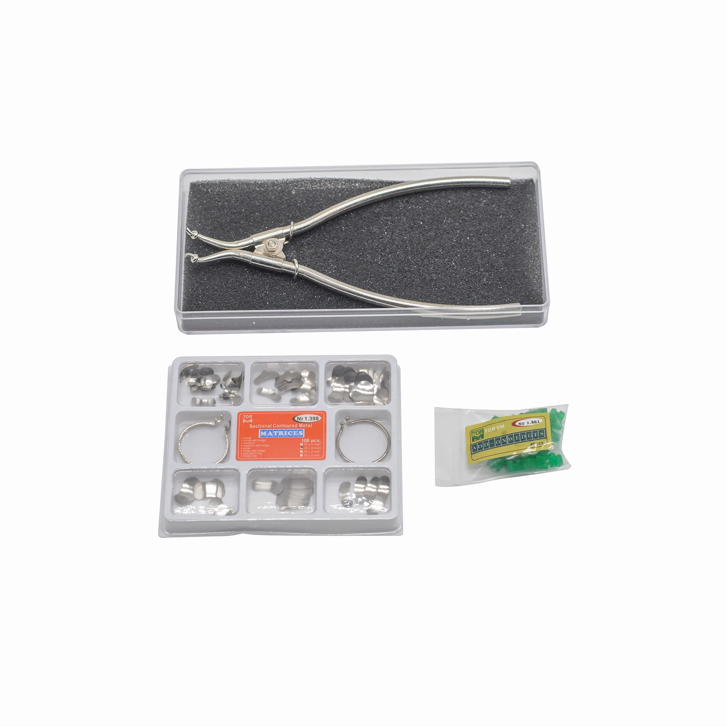 

1 комплект стоматологических секционных контурных металлических матриц, матрица с пружинным зажимом No 1.330, зажимное/разделительное кольцо из смолы