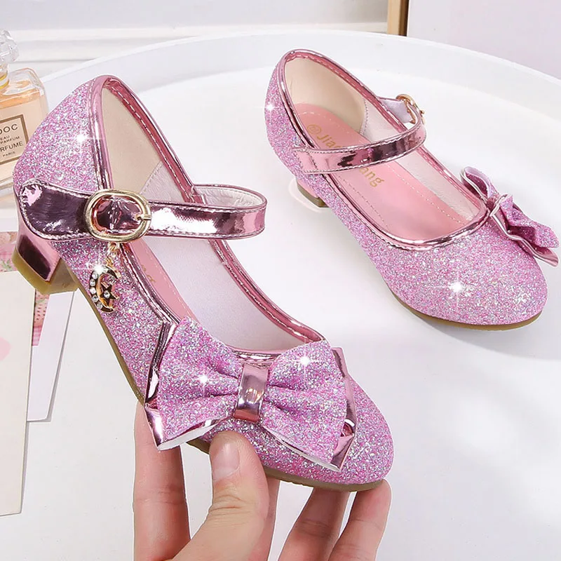 Fashion Girls Shoes Princess Bow High Heels Dance Shoes Kids Leather Shoes for Girl Child Birthday Party chaussure fille CSH1393