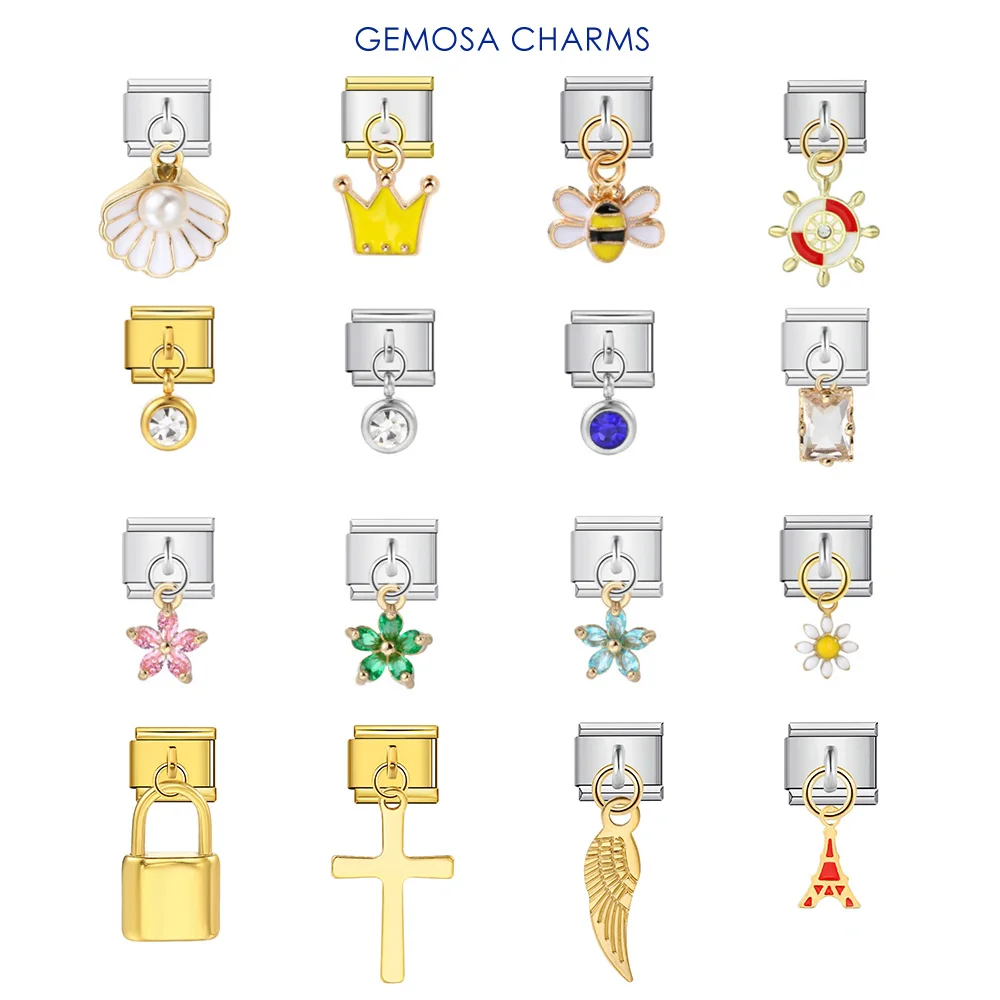 GEMOSA Simplicity Trend Pendant Cross Flowers Bees Shells Italian Charm Link Fit 9mm Stainless Steel Bracelet DIY Making Beads