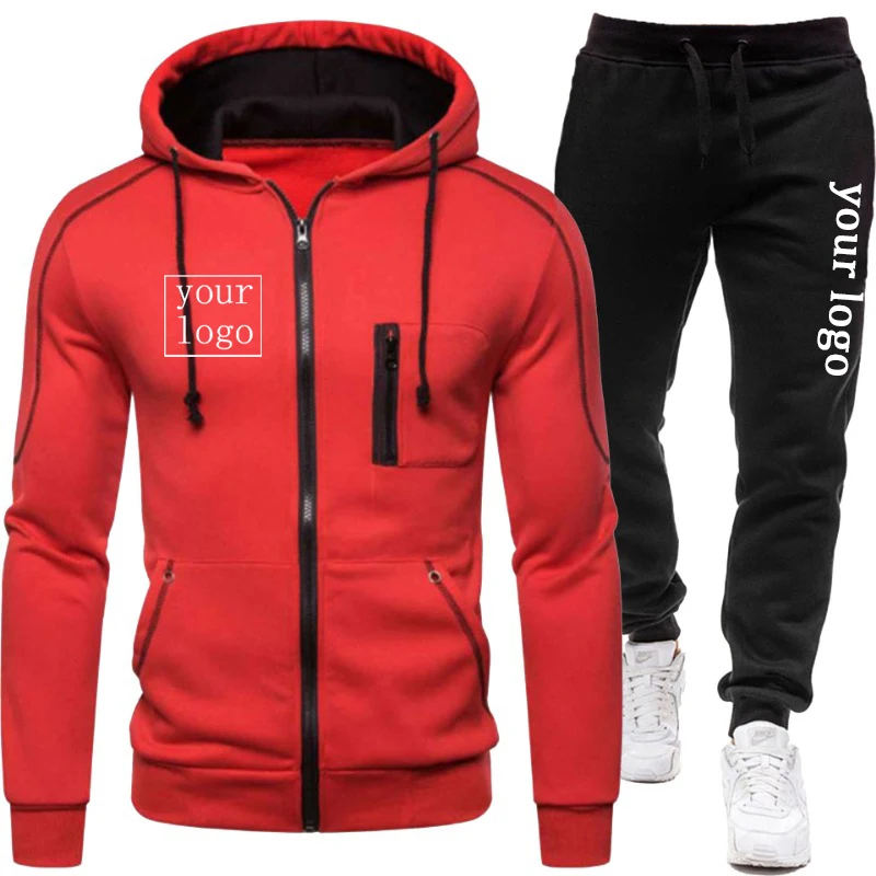 Nowa marka Niestandardowe logo Bluzy Mężczyźni DIY Casual Zipper Kurtki Zestawy Moda zimowa Polar Ciepłe Garnitury Hip Hop Płaszcz Spodnie Sportowe