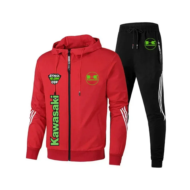Kawasaki logo motorcycle team men's hooded long pants set, spring and autumn casual zipper sports shirt 2025 new jacket set