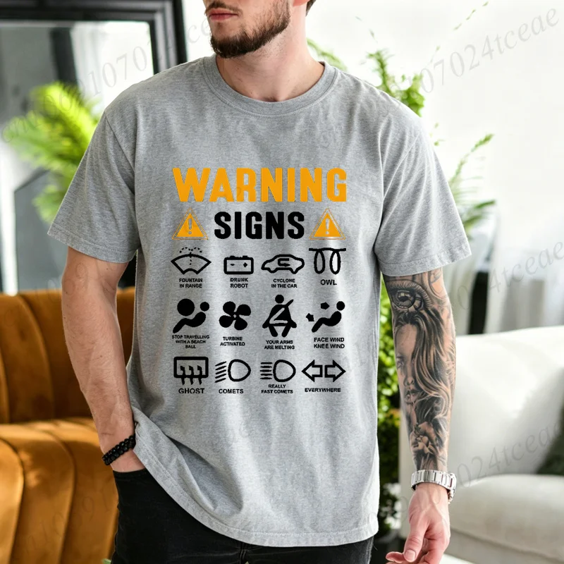 Warning Signs Funny Shirt Novelty Weird Graphic Tee Retro Warning Symbol T‑shirt Sarcastic Men Tops Unique Meme Print T‑shirt