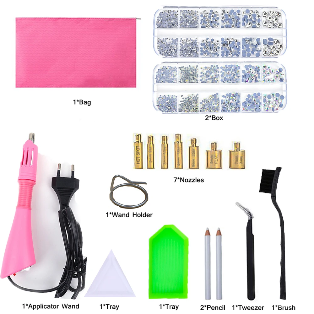 Hotfix Stone DIY Hot Fix Rhinestone Applicator Wand Setter Tool set ,Tweezers & Brush Kit & Glass Crystal Rhinestones