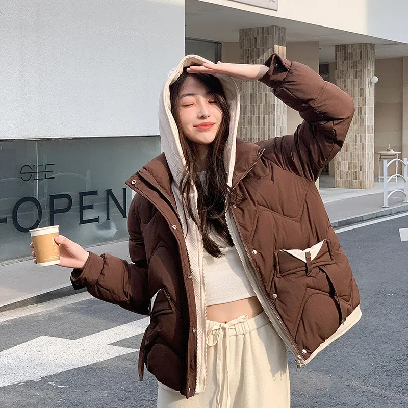 

Женская искусственная одежда из двух предметов с хлопковой подкладкой, свободное зимнее пальто с длинными рукавами, утепленное модное короткое стильное женское пальто с капюшоном