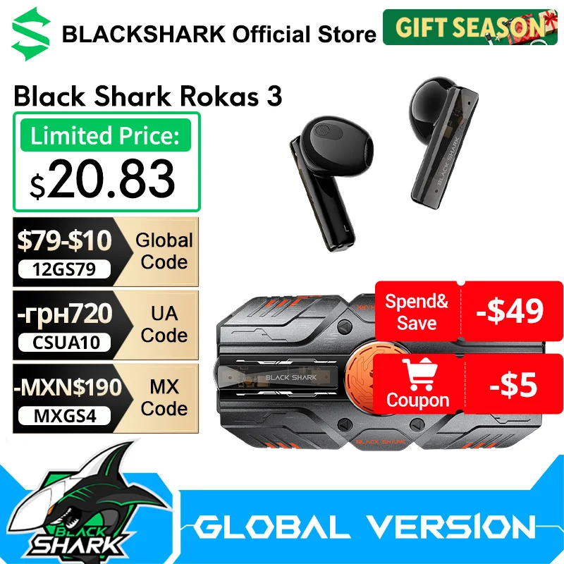 New Black Shark Rokas 3 13mm Dynamic Driver HiFi Stereo Ultra-Low Latency 24 Hours Battery Life Bluetooth Earphones RGB Light