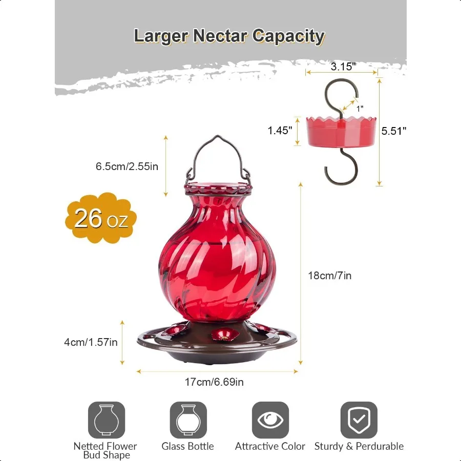 Кормушка для колибри, 26 унций, стеклянные кормушки для колибри на открытом воздухе, подвесные кормушки для муравьев и пчел, защита от муравьев и пчел, 5 портов для кормления цветов R