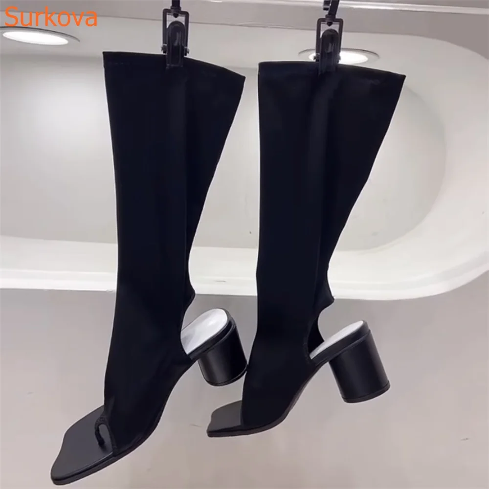 

Square Toe Round Heels Women Boots Solid Slingback Knee High Open Toe Spring Autumn Fashion Casual Comfortable Women Shoes