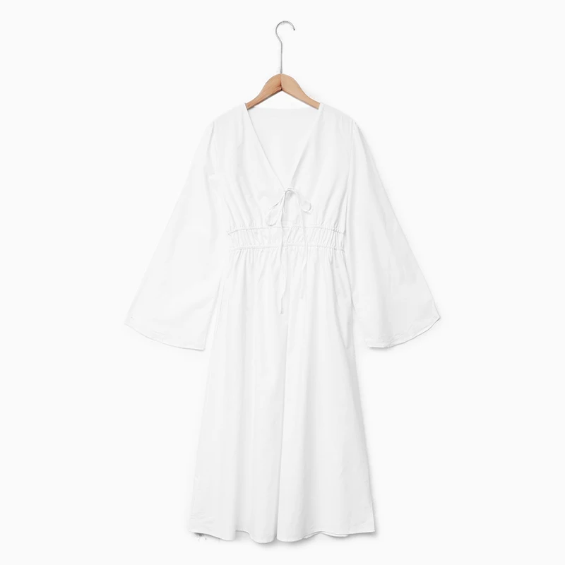 Sukienki damskie z bawełny i lnu, dekolt w serek, rozkloszowane, długi rękaw, luźne, elastyczne, białe, eleganckie, nowość, wiosenne, długa szata, vestid