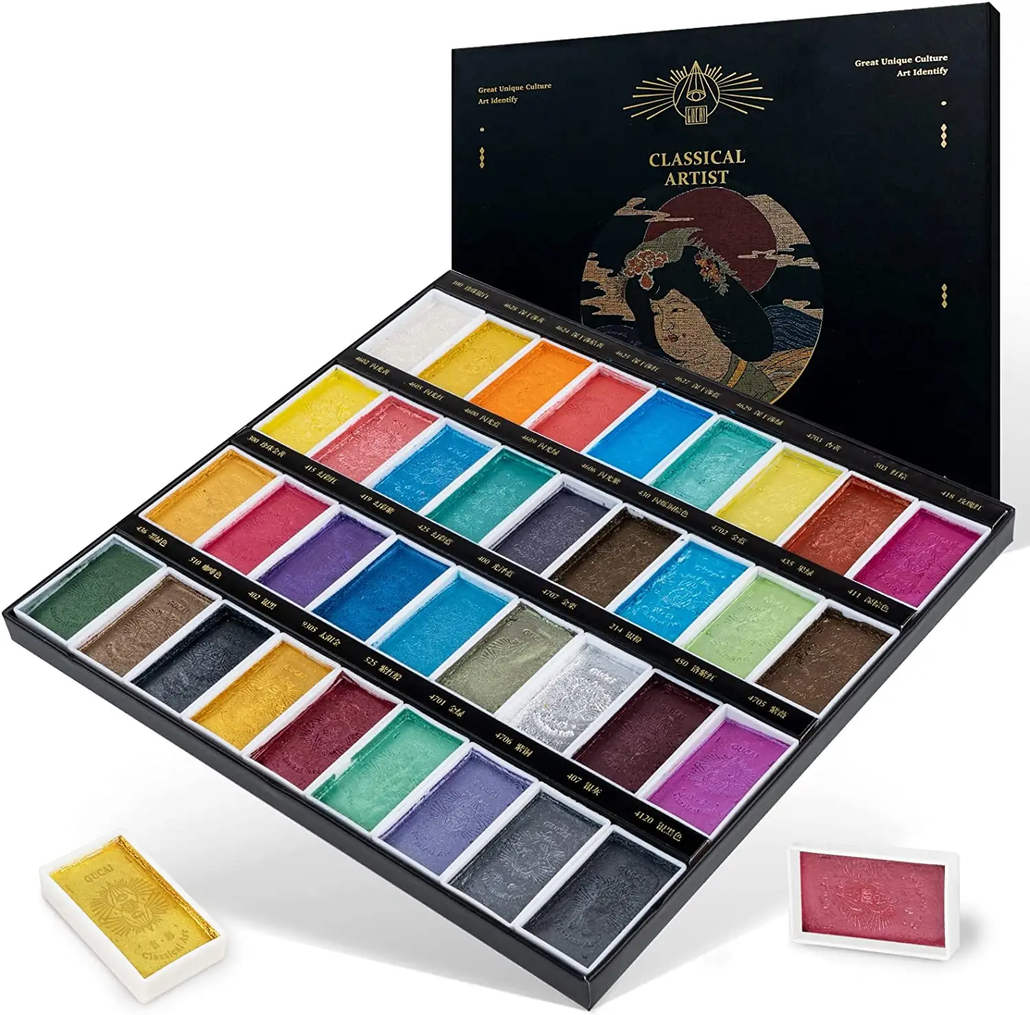 Paul Rubens Chinese Watercolor Paint Set, 36 GUCAI Classical Pearlescent Colors Solid Paints Strong Coverage Good Lightfastness