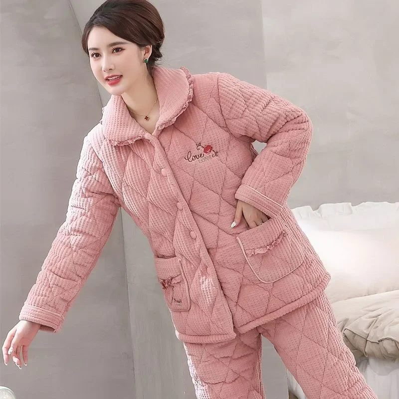 

2024 New Pajama Women's Winter Autumn Thickened Fleece Cotton Loungewear Middle-aged Elderly Three-layer Mother's Homewear Set