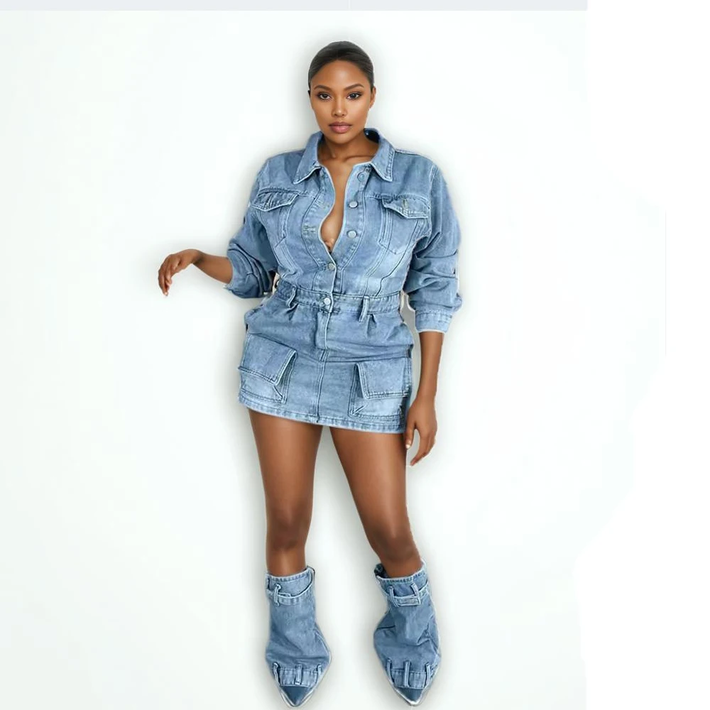 Denim Three Piece Sets For Women Lapel Long Sleeve High Waist Dress Two Identical Pants Legs Sexy Slim Set Female