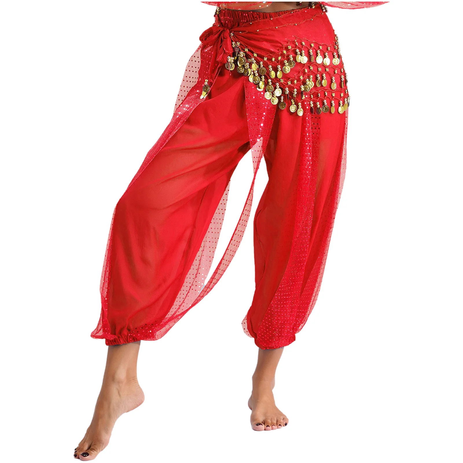 

Adults Womens Belly Dance Costume Elastic Waistband Sequined Layer Bloomers Harem Pant Professional Dance Stage Competition Show