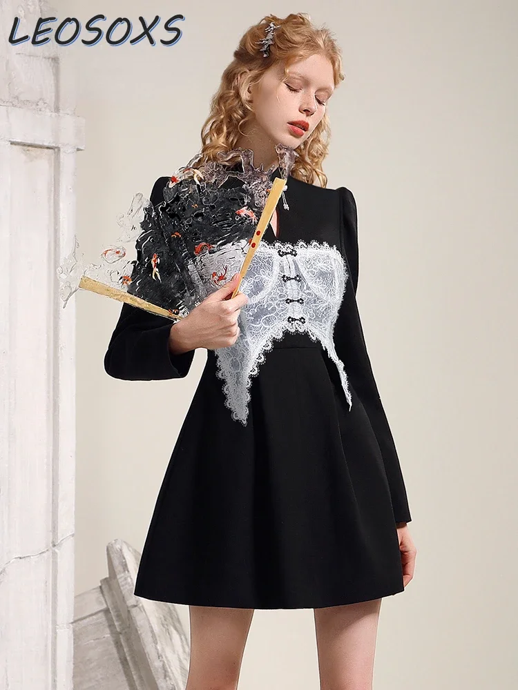 Chinese Style Business Suit Dress Autumn Chic Lace Stitching Hollow Out Stand-up Collar Cinched Long Sleeve Black Dress Women