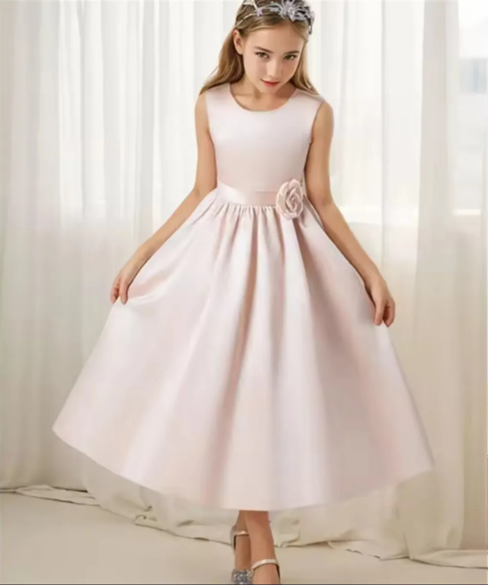 

Elegant Customized Flower Girl Wedding Dress Sleeveless Flower Belt Satin Princess Birthday Party Dress Kid First Communion Gown