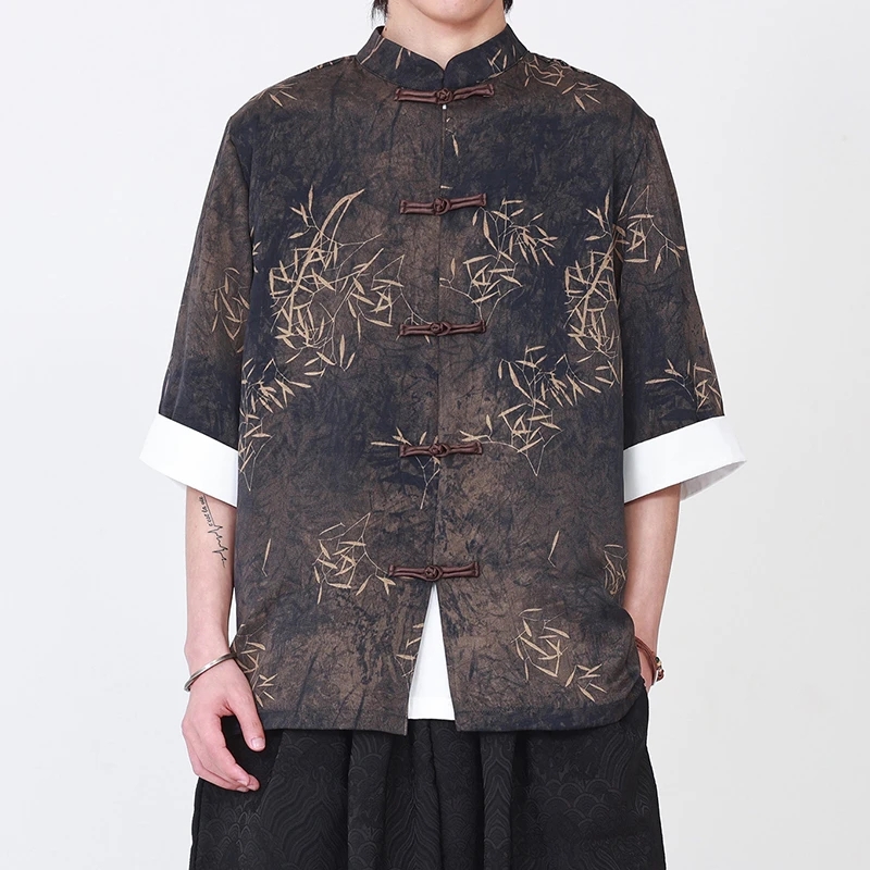 

Chinese Style Men's Casual Print Shirt New Arrival 2026 Summer Vintage Mandarin Collar Loose Male Short Sleeve Tops Shirts N123