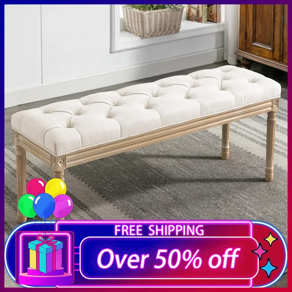 

44" Bedroom Bench, Tufted End of Bed Bench, Upholstered Fabric Ottoman Bench with Carved Wood Legs,Bench Piano Stool,Footstool