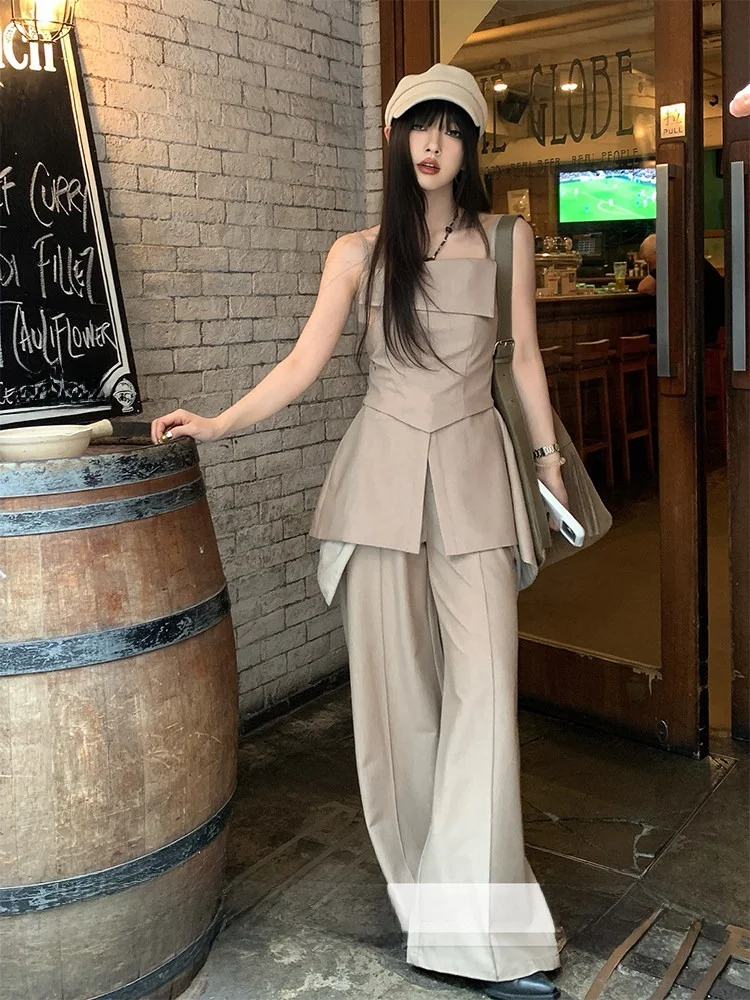 Women's Summer High Waist Two-Piece Set Strapless Vest Top And Wide Leg Pants Fashionable And Stylish Casual Wear