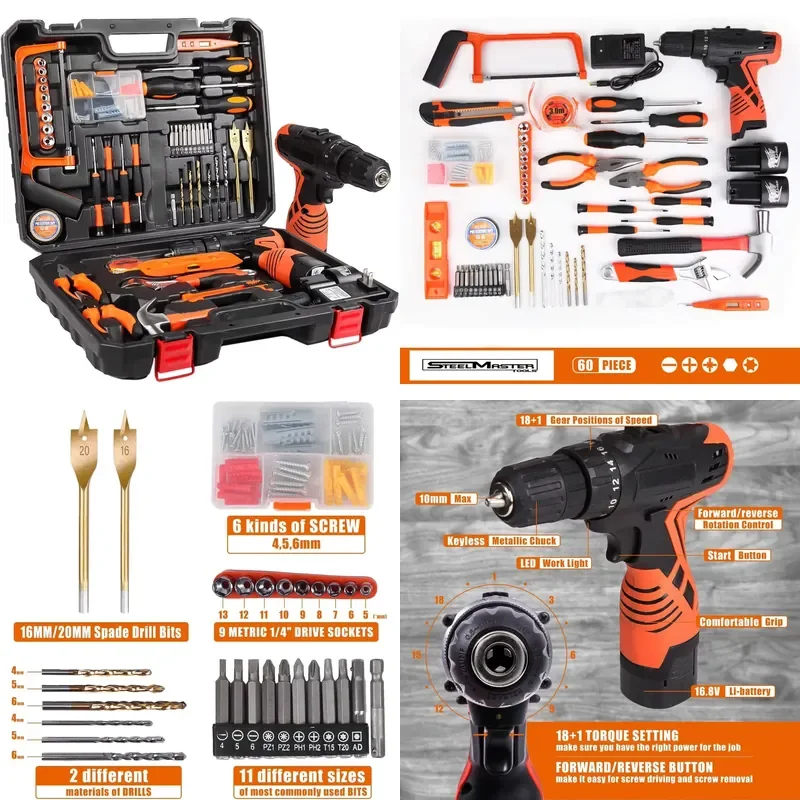 

【CHIMU HOME】 16.8V Cordless Drill Driver Set with 60-Piece Bit Kit for DIY Home Garage Projects