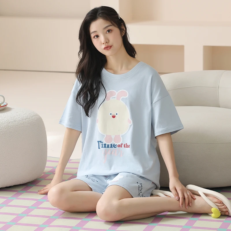 Big Size M-4XL Women Pajama Set Summer 100%Cotton Short  Sleeve Sleepwear O-Neck Cute Cartoon Pijama