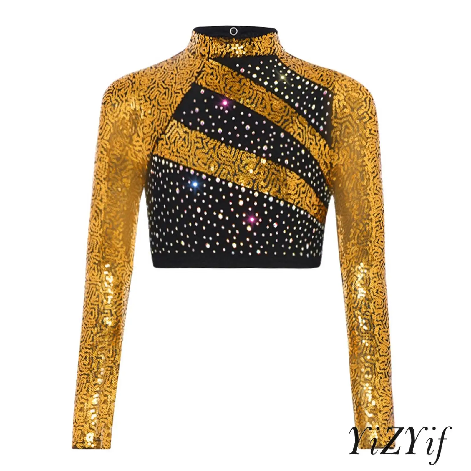 

Kids Girl Jazz Hip-hop Dance Tops Mock Neck Long Sleeve Sequin Rhinestones Cutout Back Crop Top for Belly Gymnastics Performance