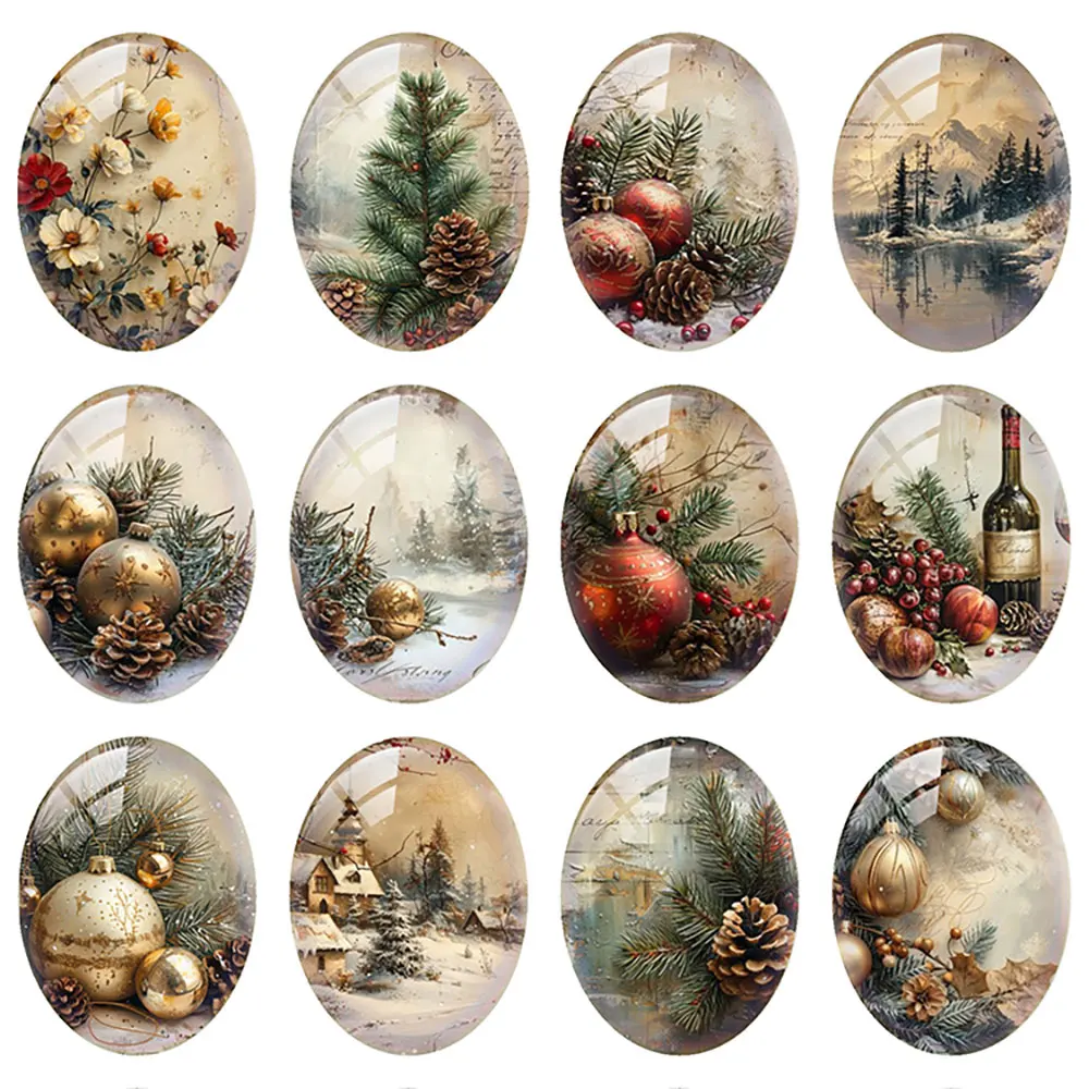 10pcs/lot Christmas X-mas Winter Pine Tree Jingle Bell Oval Photo Glass Cabochon Flatback Demo Cameo For Diy Jewelry Making
