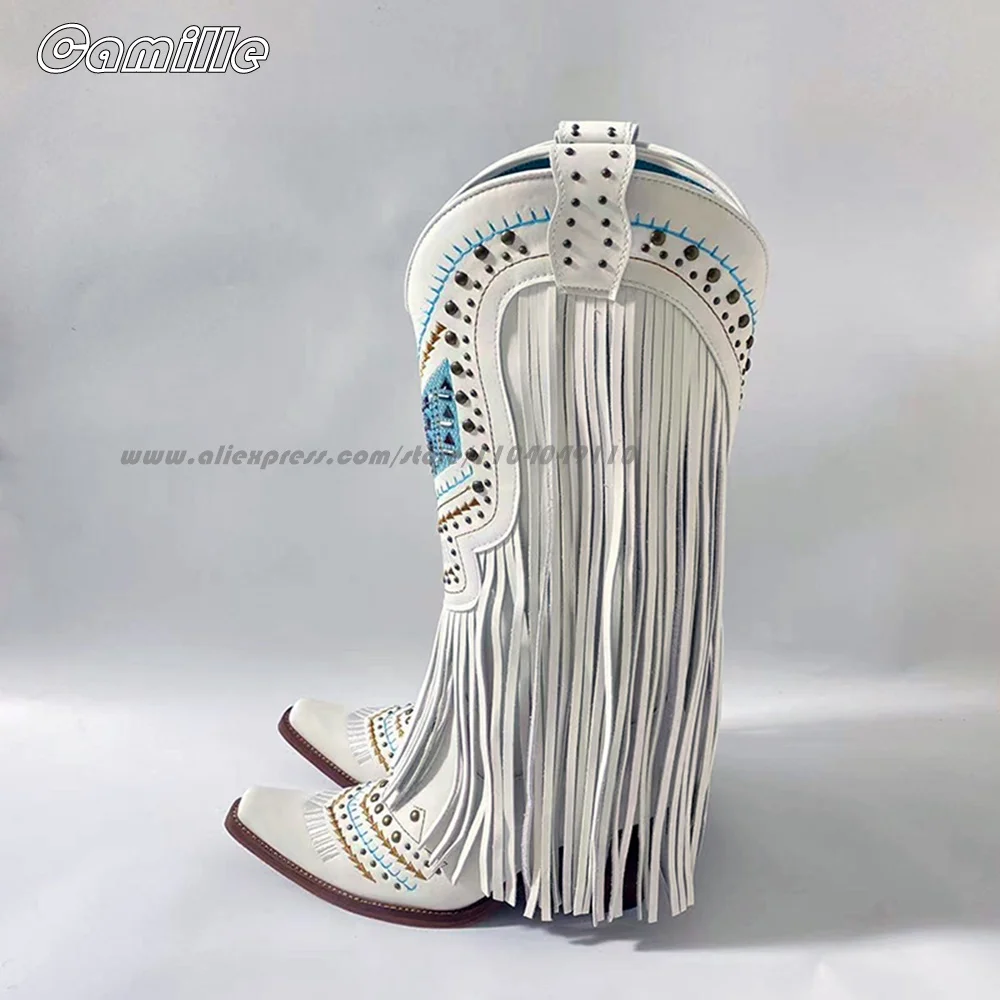 

Retro Ethnic Style Tassel Metal Rivet Mid Calf Boots Size 35-40 Catwalk Style Sexy Lady Boots Pointed Toe Slip On Cowboy Boots