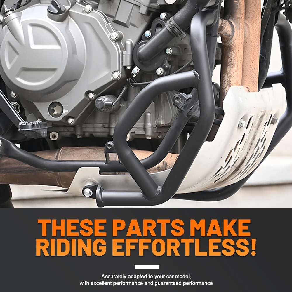 Front-end racing-style modification accessories for the CFMOTO 450MT motorcycle: crash bars and protective guards.
