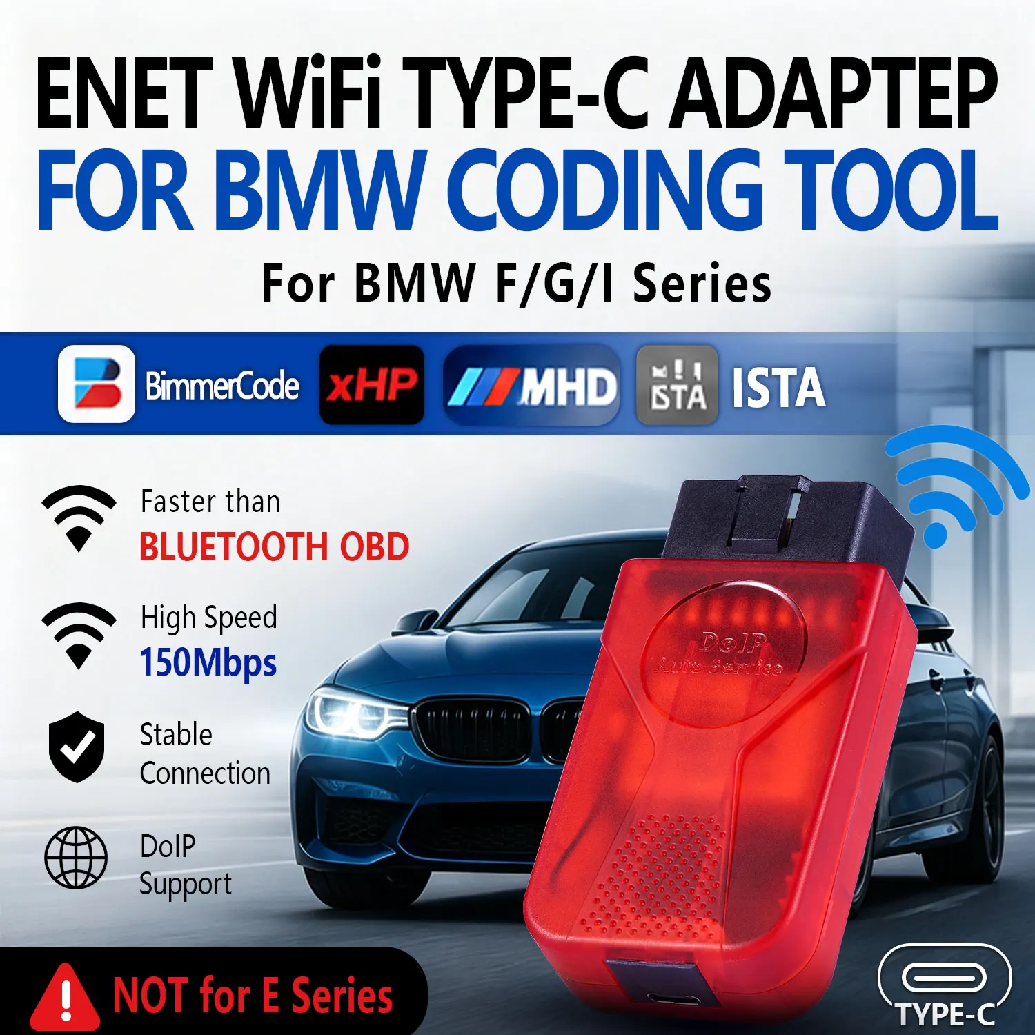 Universal ENET WiFi Adapter Type C for BMW E F G Series Supra MK5 OBD2 Coding Tool for BimmerCode xHP MHD