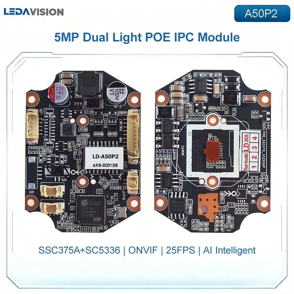 a50p2-5mp-poe-ipカメラボードモジュール、ai人間-車両検出、ウェブカメラh265-オーディオ、onvifデュアルライトミニcctvコア