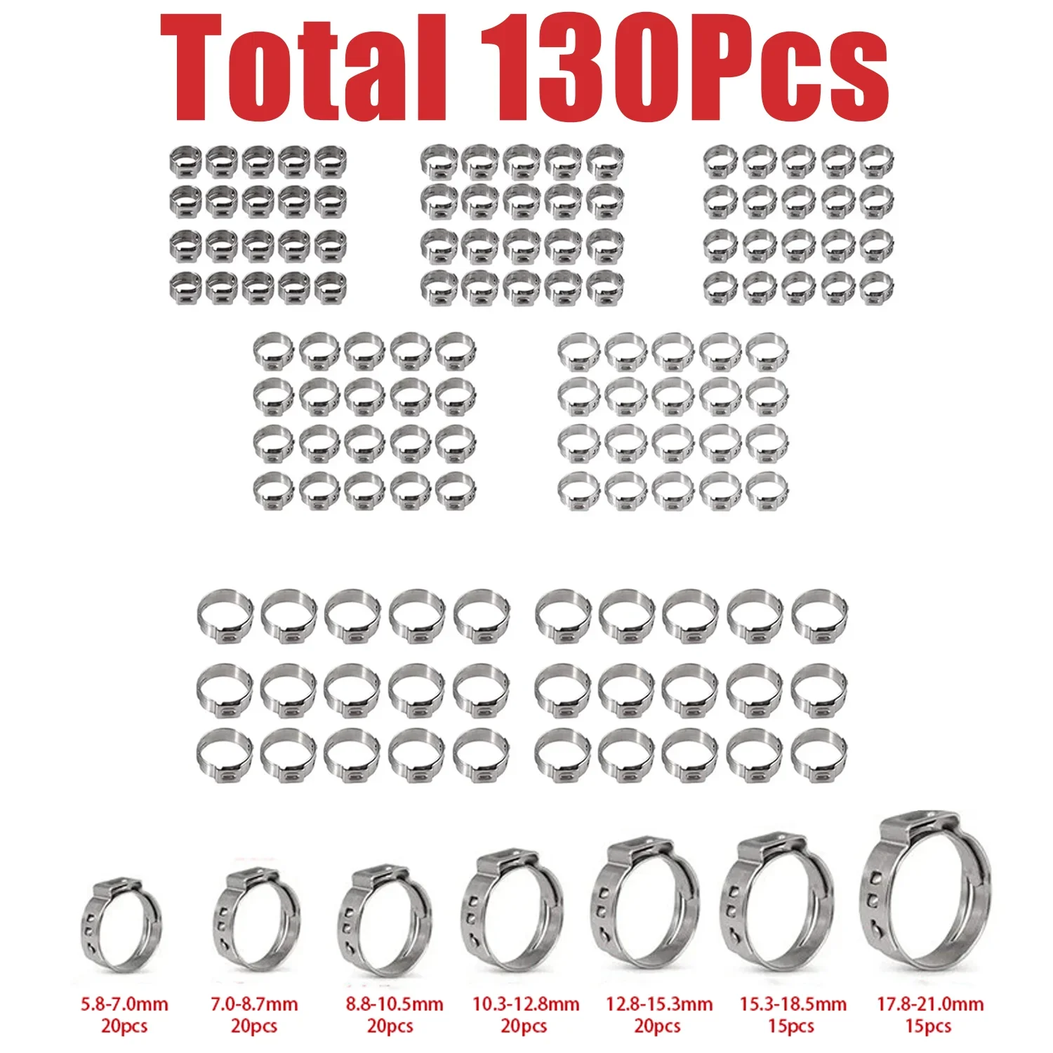 

130cs Hose Clamps 5.8-21.0mm Single Ear Stepless 304 Stainless Steel Hose Clamps Cinch Clamp Rings for Sealing Kinds