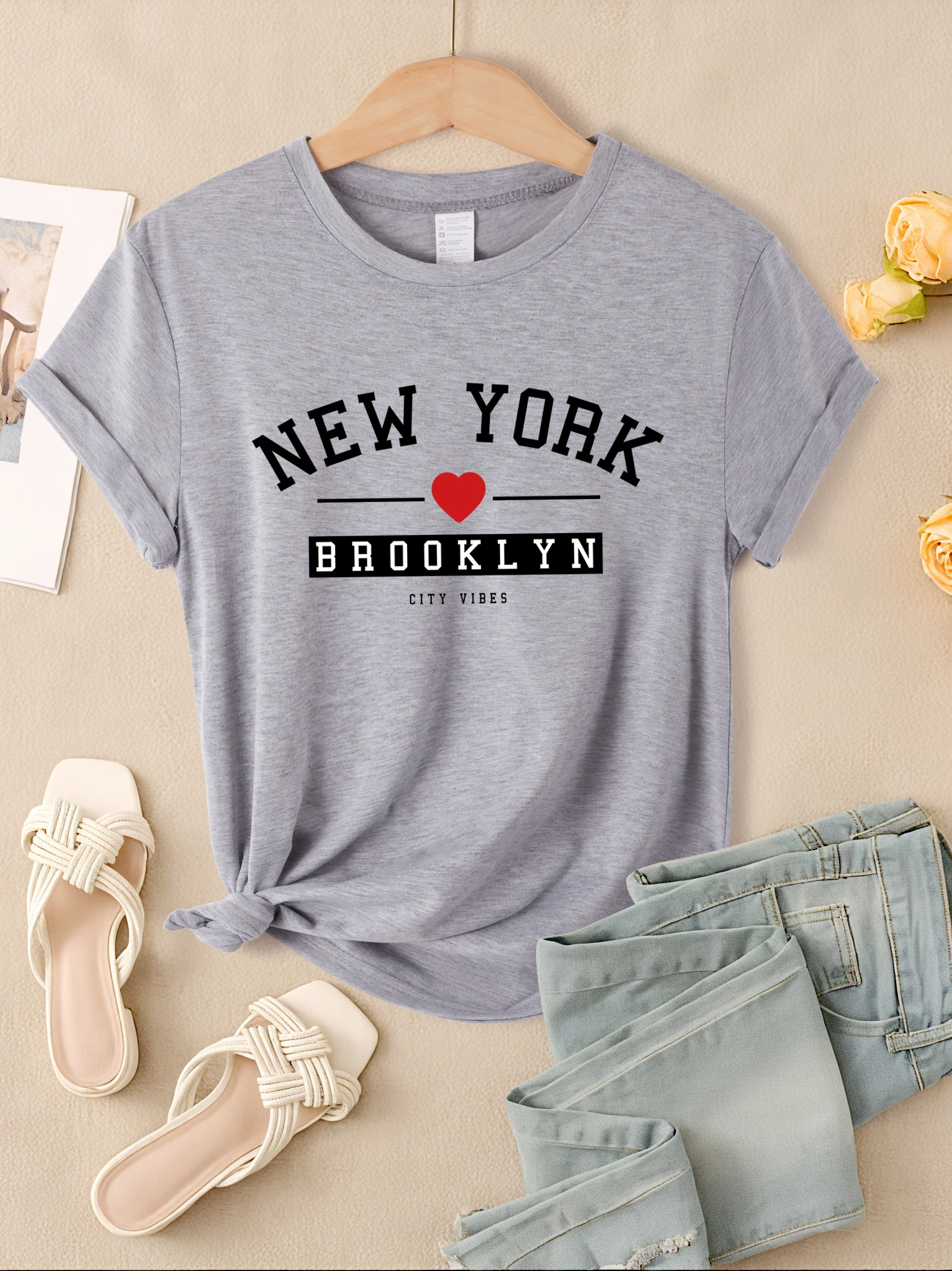 New York Brooklyn Red Heart Prints Women T-Shirt Soft All-Match Short Sleeve Multicolor T Shirts Breathable Cool T Shirt