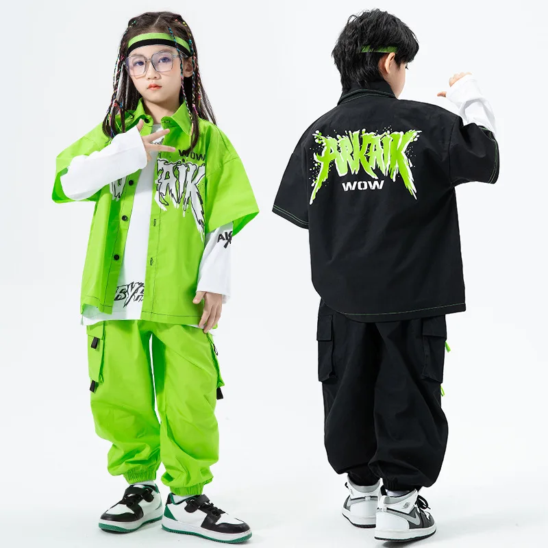 Kid Kpop Hip Hop Clothing Black Green Letters Shirt Top Casual Street Cargo Jogger Pants for Girl Boy Jazz Dance Costume Clothes