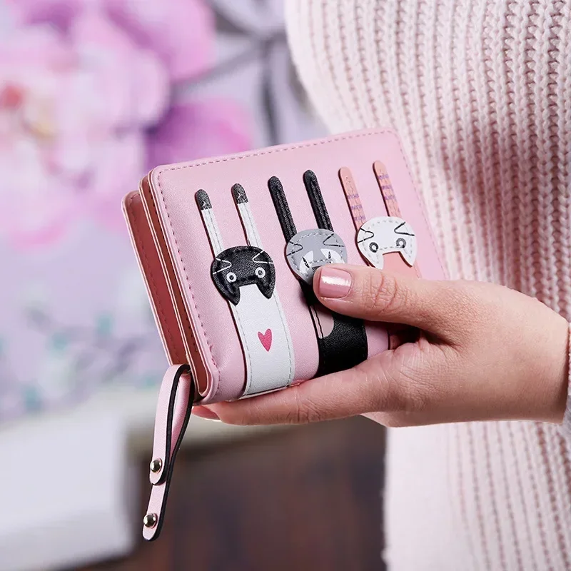 

Women's Short Three Fold Purse Cute Cartoon Three Cats Purse Simple Zipper Change Purse Money Clip محافظ نقود رجالية