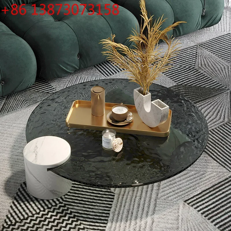 Italian light luxury natural marble living room household round tempered glass water ripple coffee table modern designer