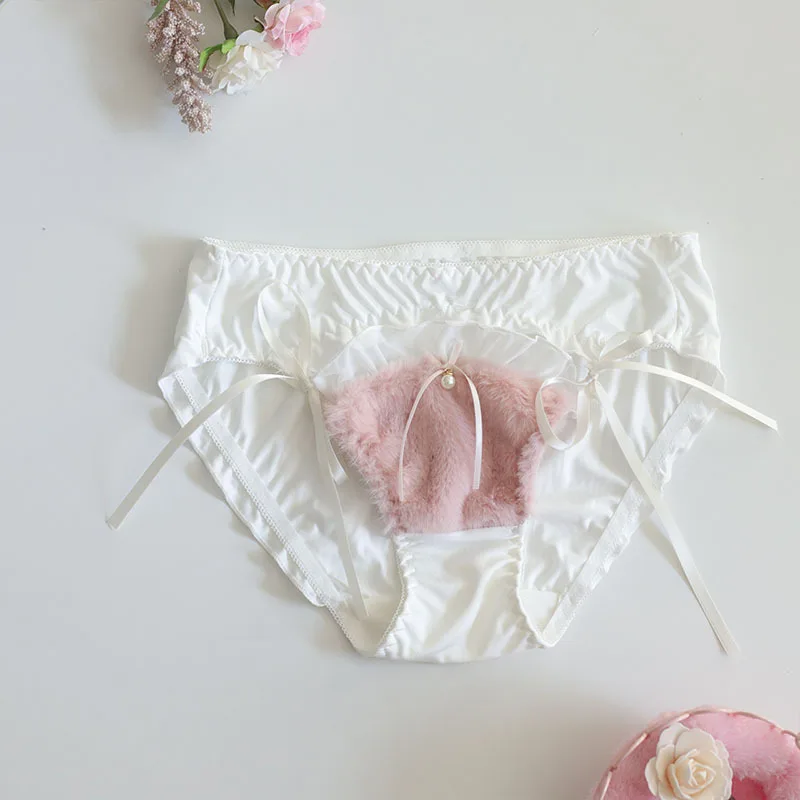 New Japanese Underwear Women's Milk Silk Low Waist Plush Soft Lolita Girl Sweet Bow Triangle Pants