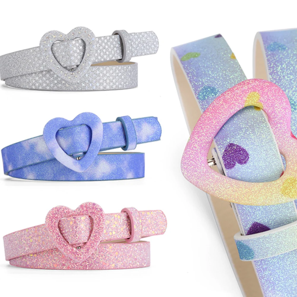 

Korea Y2K Shiny Stars Belt for Kids Children Girls Solid Love Shaped Buckle Leather Waist Belt Waist Strap Adjustable Waistband