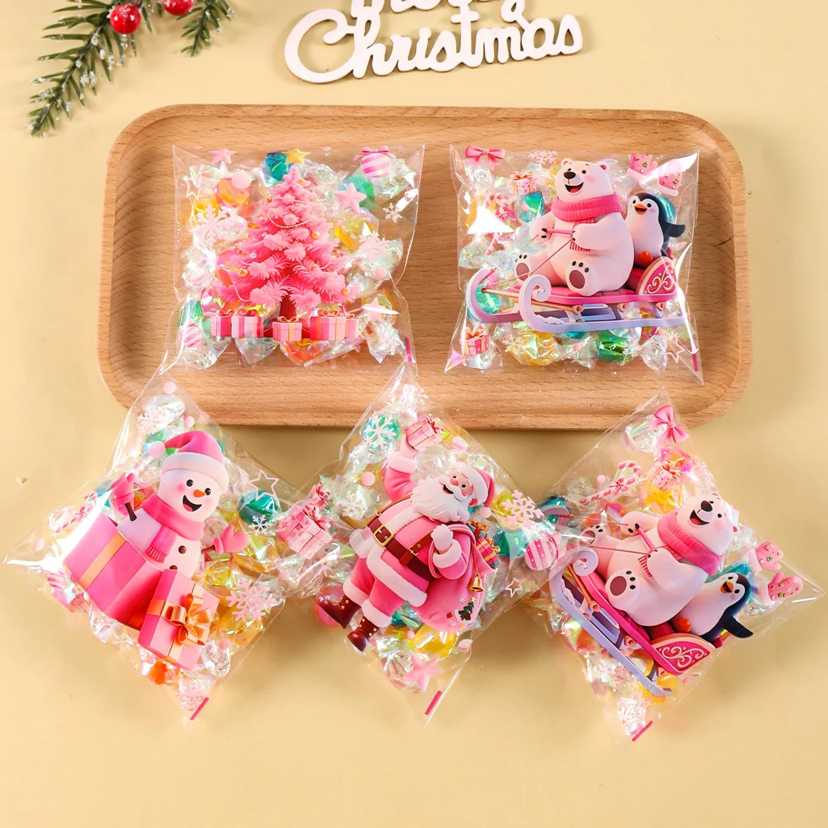 Paquete de 50/100 Bolsas de Regalo con Temática Navideña, Diseños de Osos de Santa Rosa, Bolsas Transparentes Autoadhesivas para Galletas, para Fiestas Navideñas