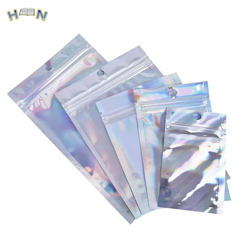 10Pcs Iridescent Zip lock Pouches Cosmetic Plastic Laser Holographic Zipper Bags Self Seal Envelopes Gift Bags