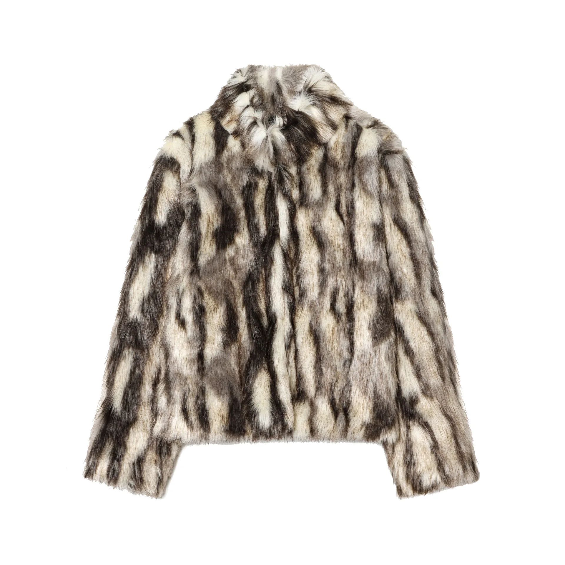 Women's Fashion Casual Faux Fur Coat Jacket With Abstract Print Stand Collar Long Sleeve Warm Winter Outerwear For Women ZKNB