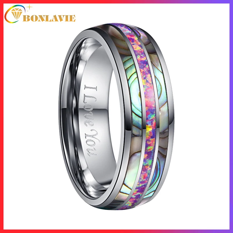 BONLAVIE 8mm Dome Inlaid Acacia Purple Opal Tungsten Steel Ring For Women Mens Silver Color Engrave Love Finger Ring