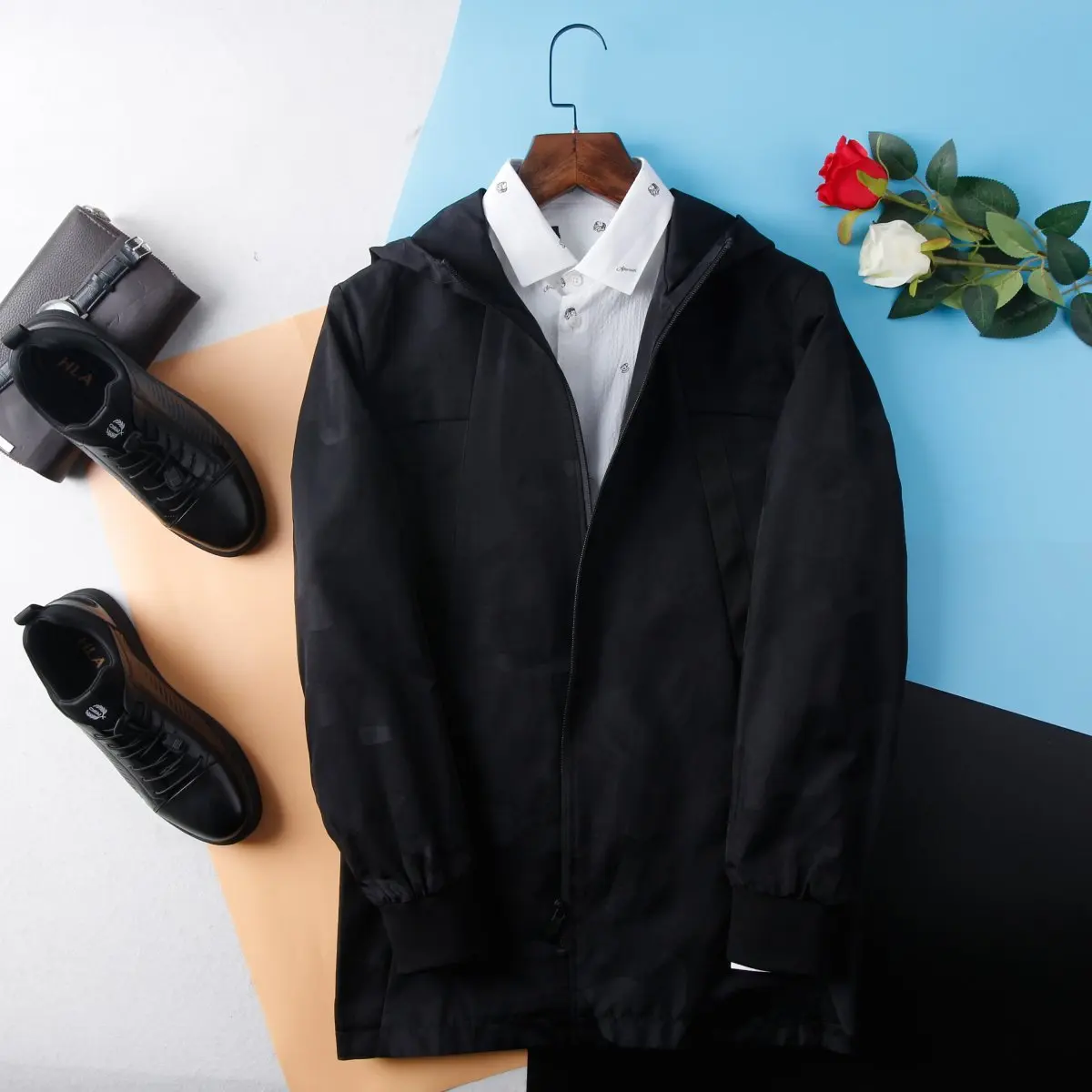 

Faionable Camouflage Hooded Jaet Bla Men's Spring Autumn Casual Spor Coat with Sea Trim Label Busin Gentleman Sl...