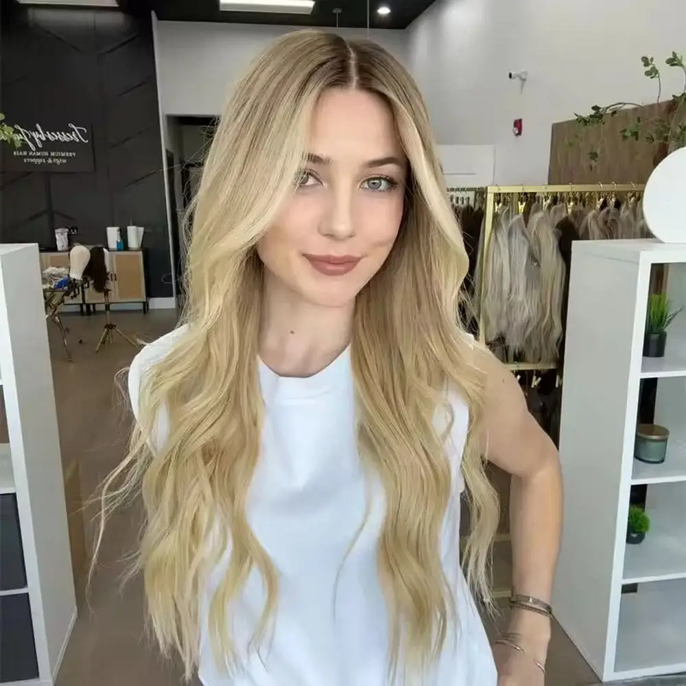 

180% High Density Synthetic Lace Frontal Wigs Light Blonde Long Length Body Wave Beautiful Full Wigs With Dark Roots Daily Used