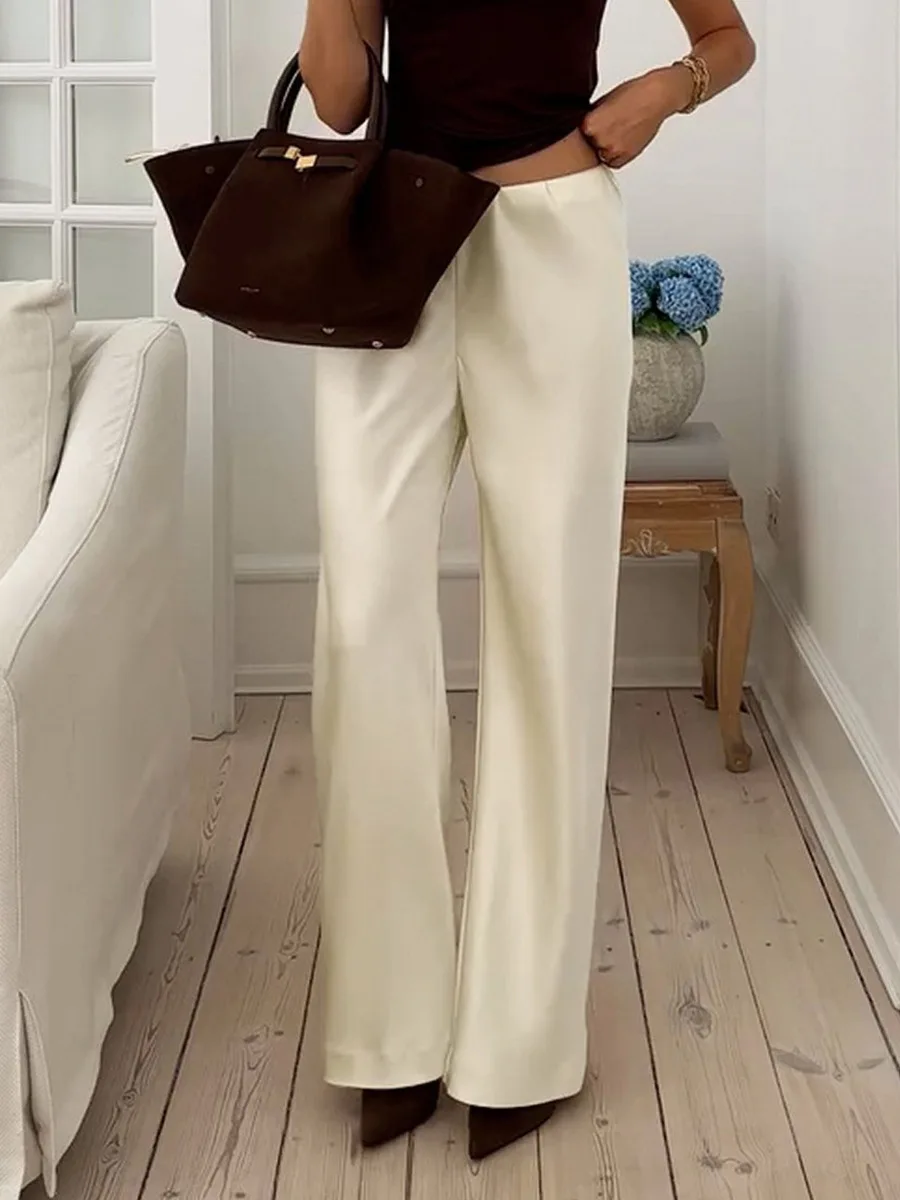 Bornladies Damen 2026 Frühjahr/Sommer Neue Einfarbige Satinhose Modische Bequeme Satin-Hose mit Mittelhohem Bund und Geradem Bein für den Alltag – Detail 7