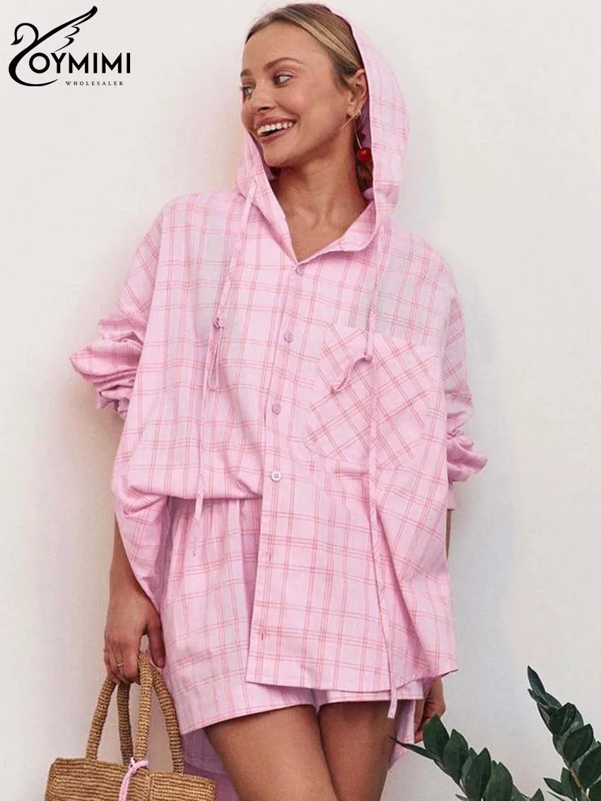 Oymimi Fashion Pink Plaid Print Women 2 Piece Set Outfit Casual Hooded Collar Long Sleeve Button Shirts And Pockets Shorts Sets