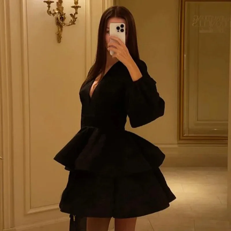 

Talenza Black Ruffled Mini Dress Fashiona High-Waisted V-Neck Fitted Puff Sleeve A-Line Dress Elegant Luxury Women Party Dress